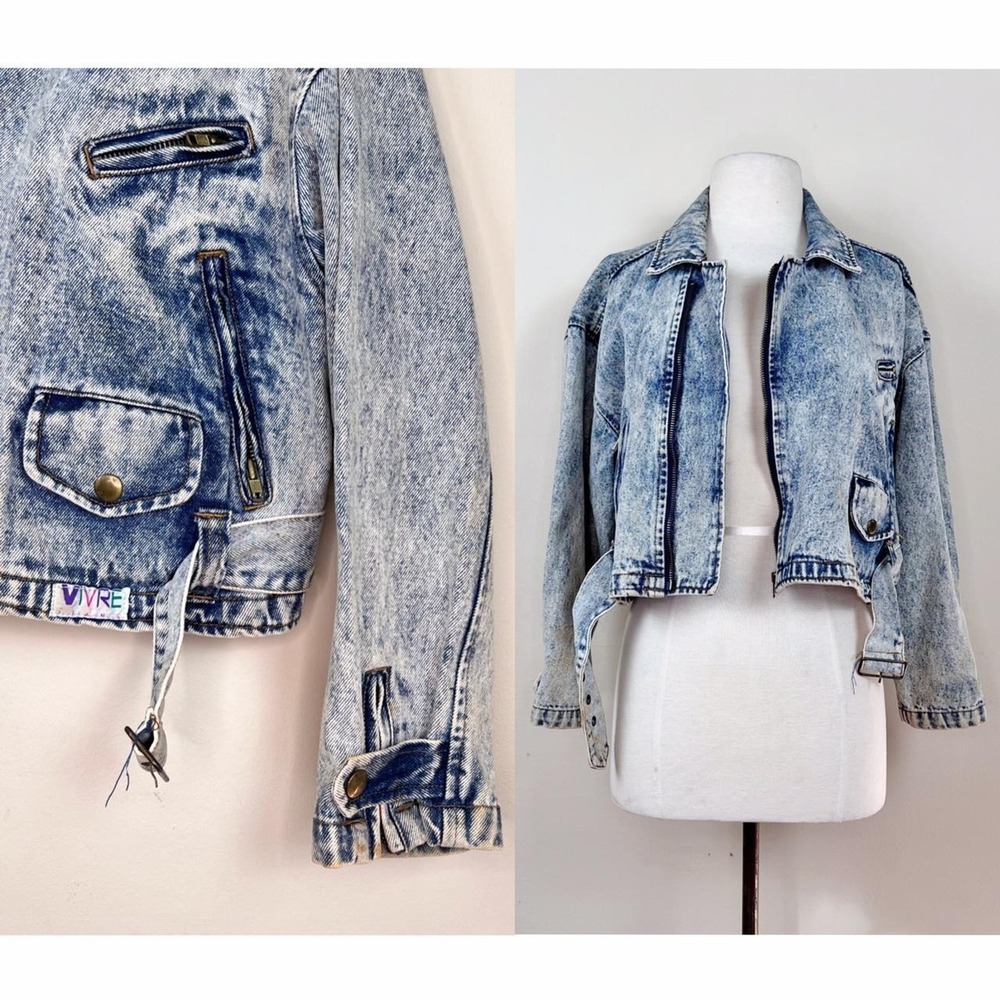 vintage 80s 90s acid washed denim jean motorcycle jacket moto buckle cropped